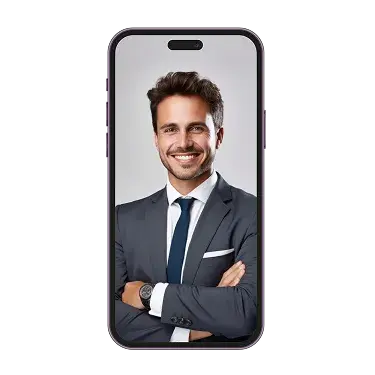 A smiling woman with dark curly hair inside a phone screen.